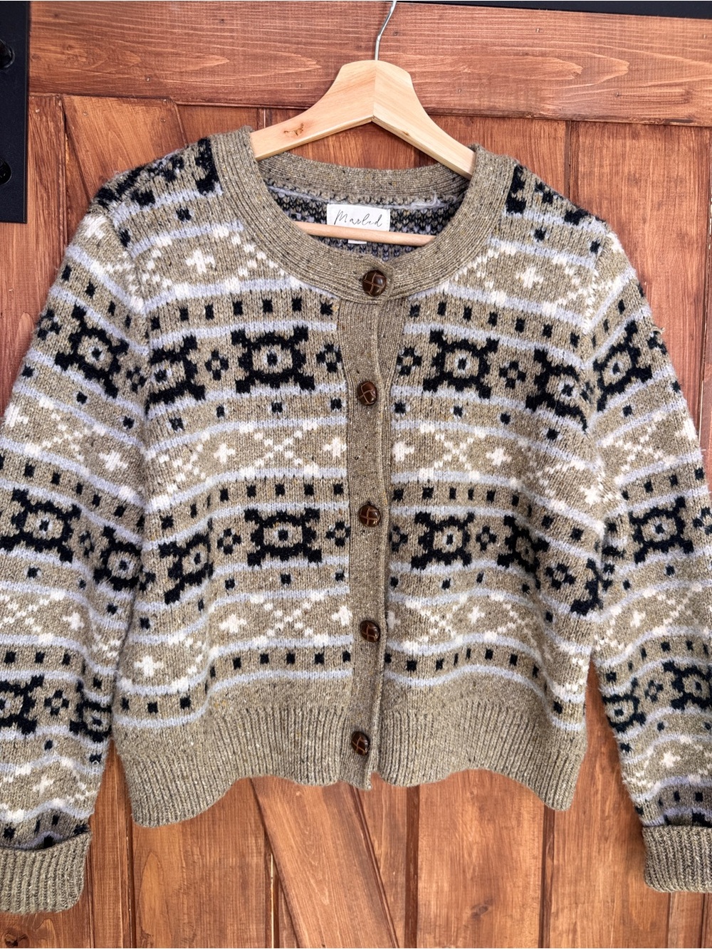 Marled Olive, Black and Cream Fair Isle Button-Front Cardigan